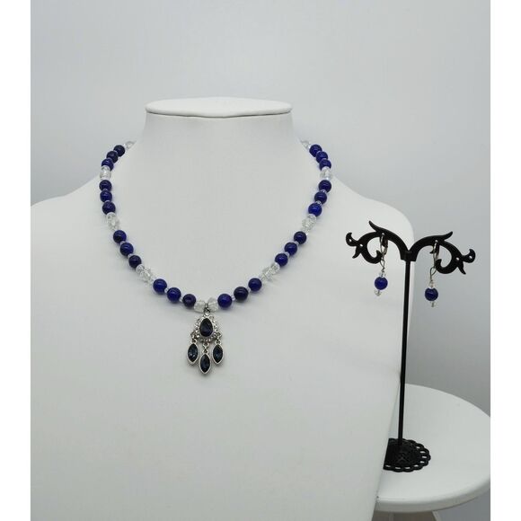 Monet Fiery Sapphire Blue Rhinestone Glass Bead Clear AB Chez Bead Necklace Set - Picture 11 of 11